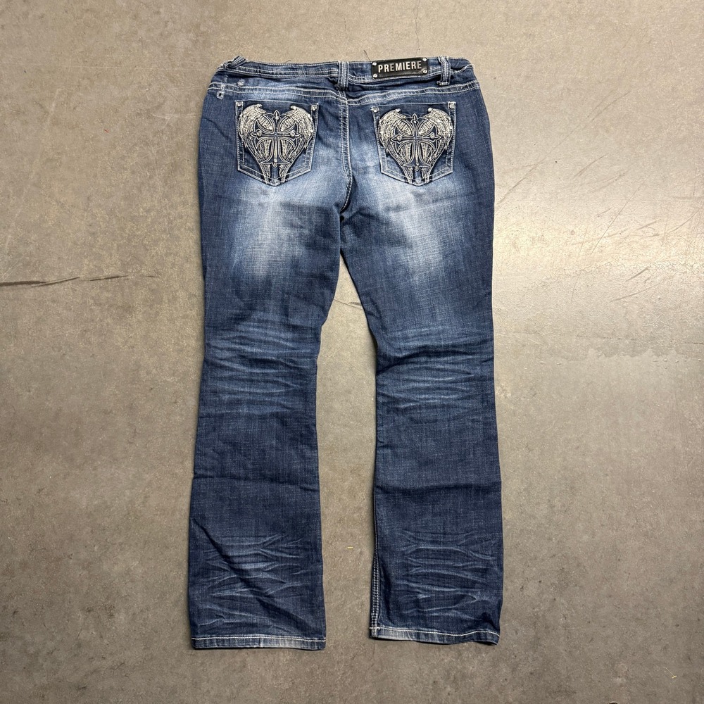 Premiere by Rue21 Womens Bootcut Jeans 13/14R Rhinestone Wing Cross Y2K Denim